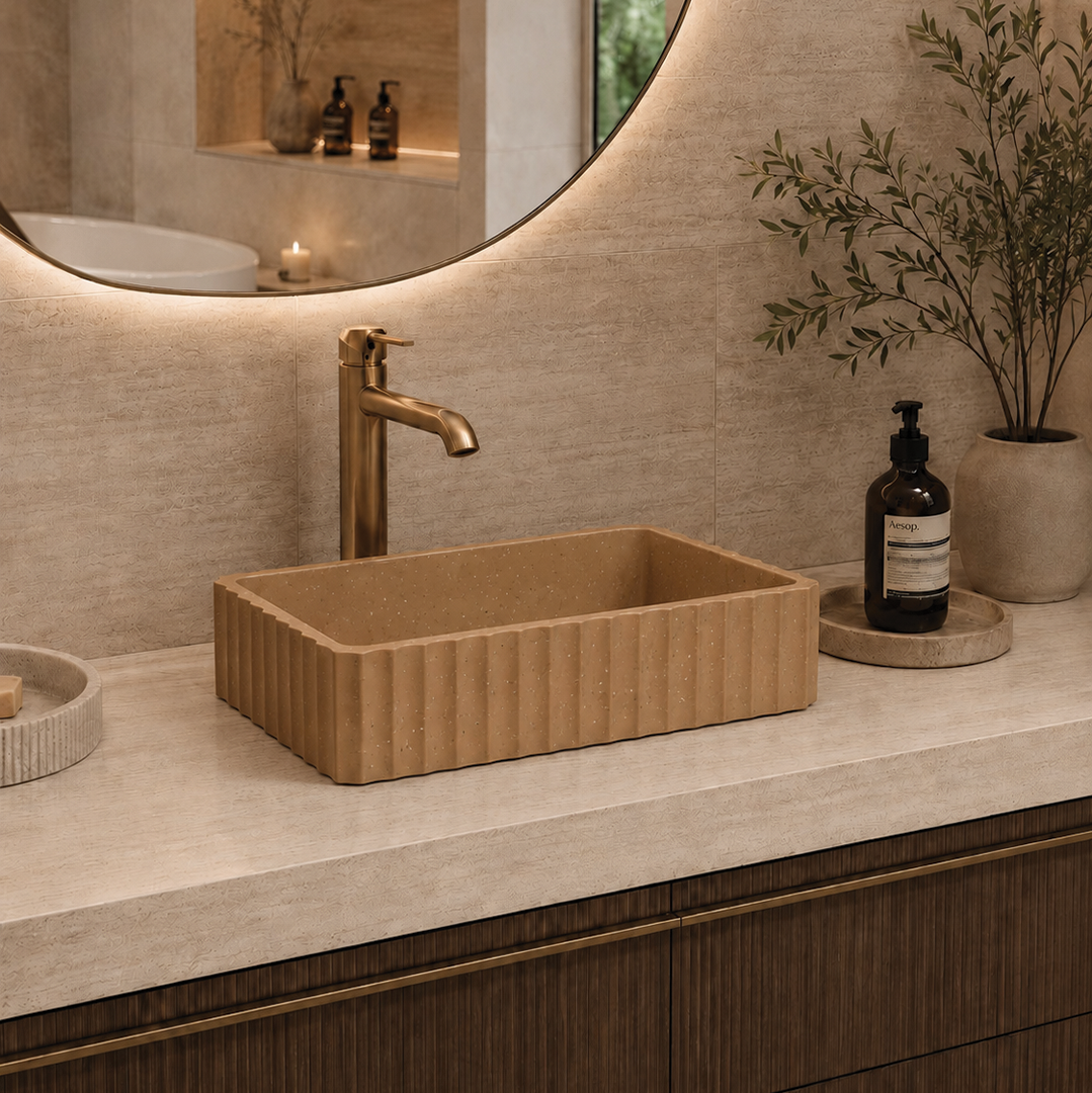 Elite Design Studio -  500x300x120mm Pietra Bianca - Briza Rectangular Above Counter Basin Concaved Edge Butterscotch (Speckle)