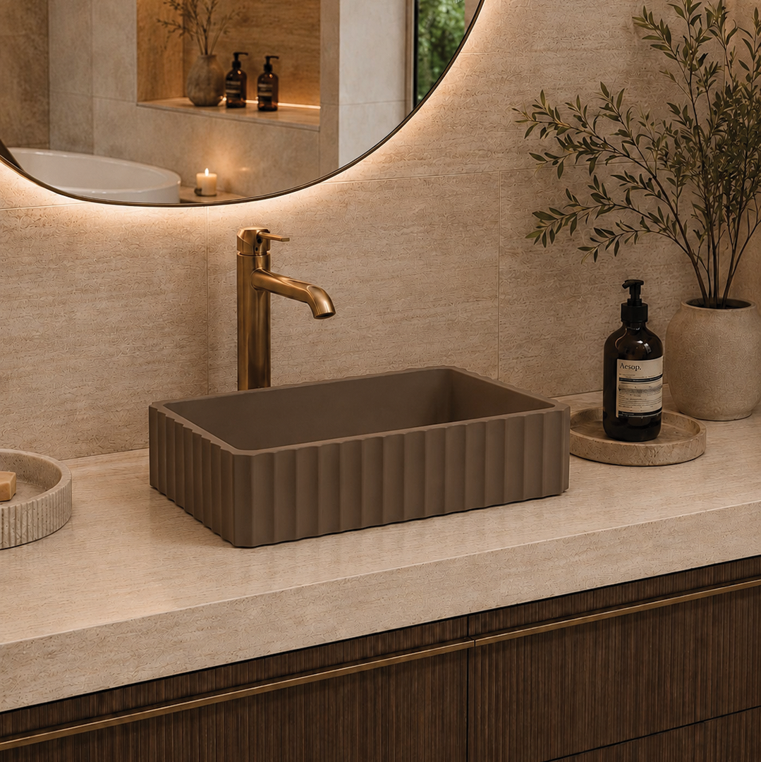 Elite Design Studio -  500x300x120mm Pietra Bianca - Briza Rectangular Above Counter Basin Concaved Edge Coco Brown (Solid)