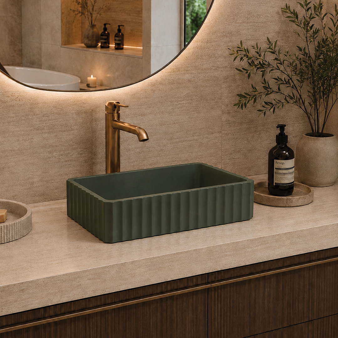 Elite Design Studio -  500x300x120mm Pietra Bianca - Briza Rectangular Above Counter Basin Concaved Edge Forest Fern (Solid)