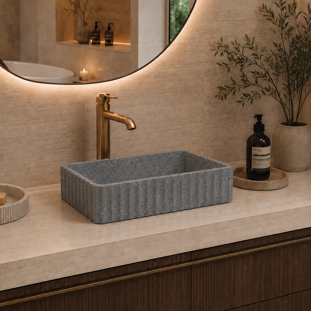 Elite Design Studio -  500x300x120mm Pietra Bianca - Briza Rectangular Above Counter Basin Concaved Edge Grey Onyx (Speckle)