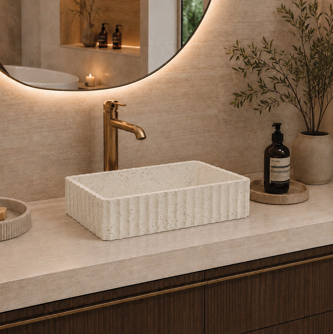 Elite Design Studio -  500x300x120mm Pietra Bianca - Briza Rectangular Above Counter Basin Concaved Edge Ivory (Speckle)