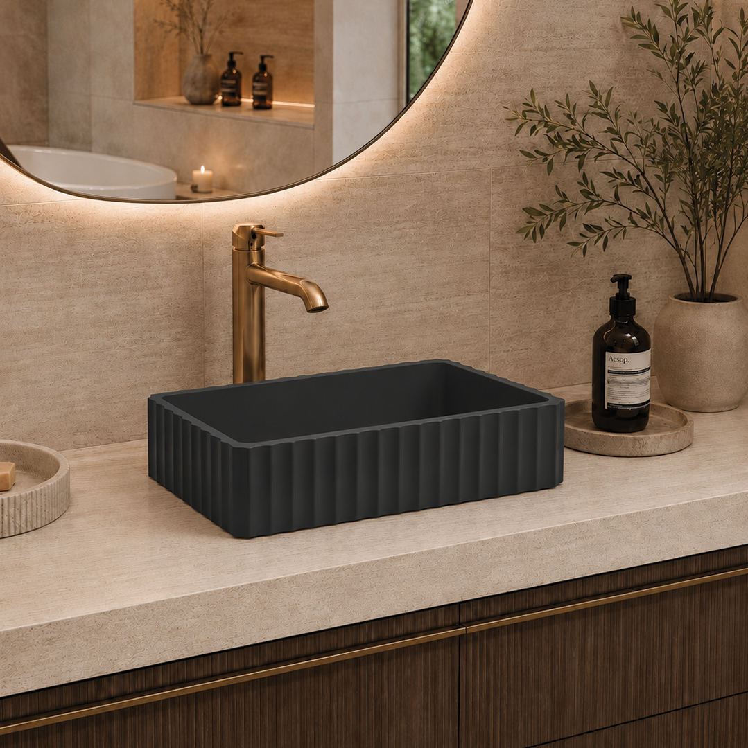 Elite Design Studio -  500x300x120mm Pietra Bianca - Briza Rectangular Above Counter Basin Concaved Edge Liquorice (Solid)