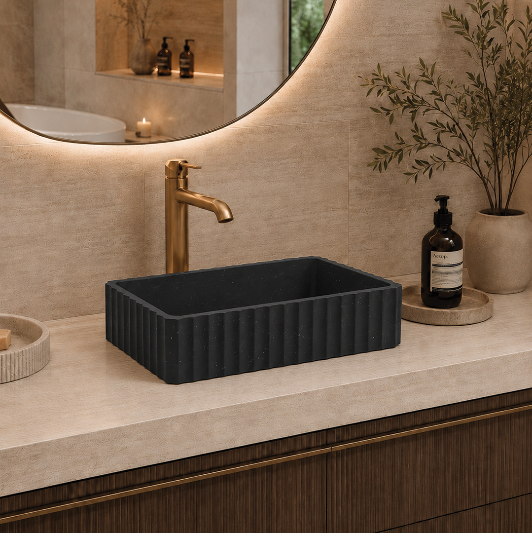 Elite Design Studio -  500x300x120mm Pietra Bianca - Briza Rectangular Above Counter Basin Concaved Edge Liquorice (Speckle)