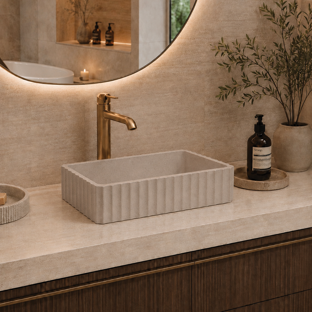 Elite Design Studio -  500x300x120mm Pietra Bianca - Briza Rectangular Above Counter Basin Concaved Edge Misty Smoke (Speckle)