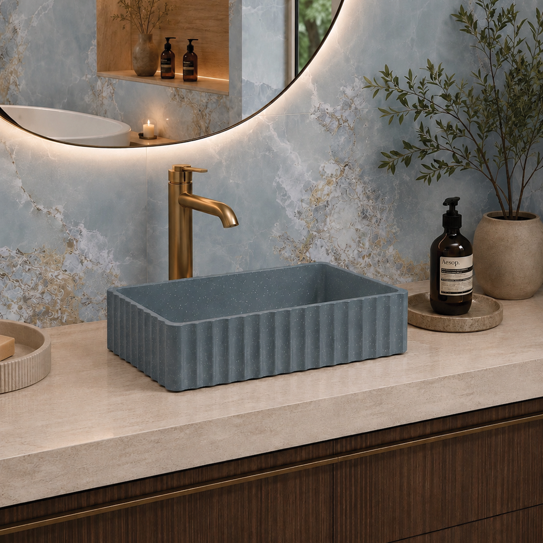 Elite Design Studio -  500x300x120mm Pietra Bianca - Briza Rectangular Above Counter Basin Concaved Edge Ocean Spray (Speckle)