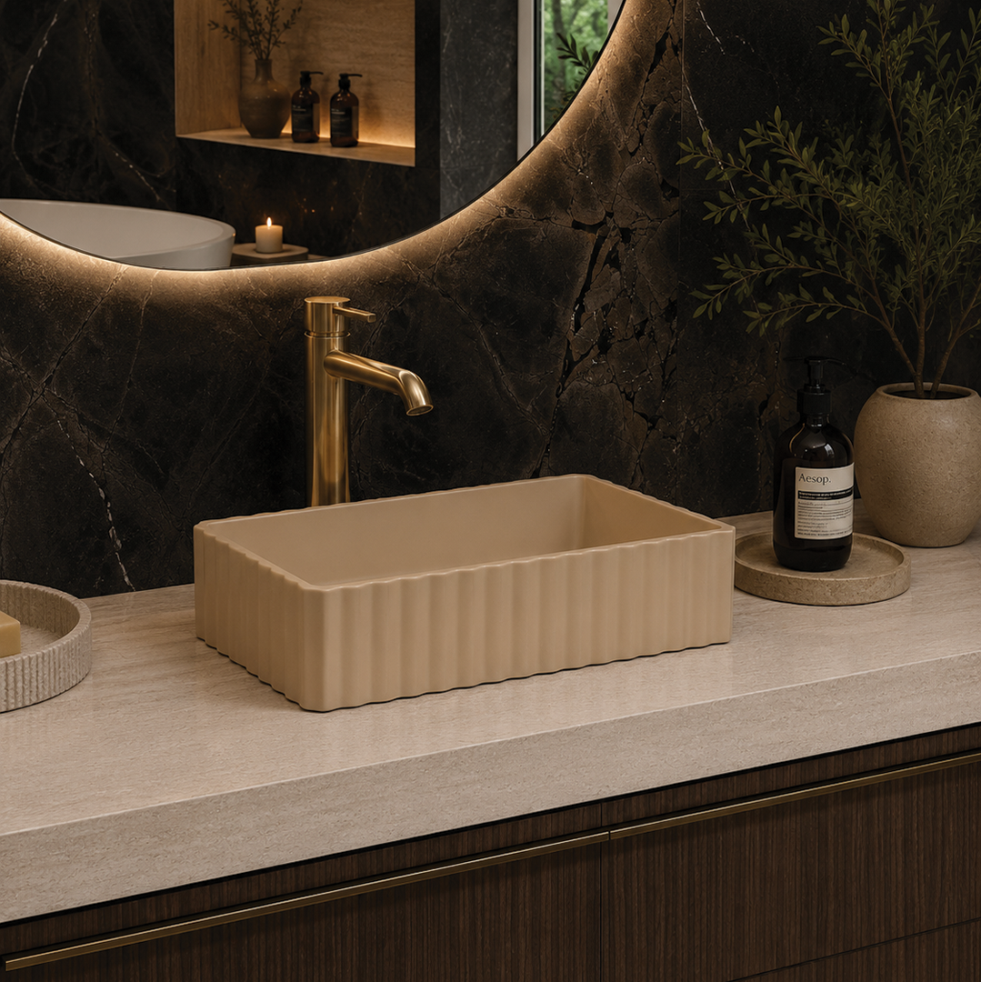 Elite Design Studio -  500x300x120mm Pietra Bianca - Briza Rectangular Above Counter Basin Concaved Edge Sandstone (Solid)