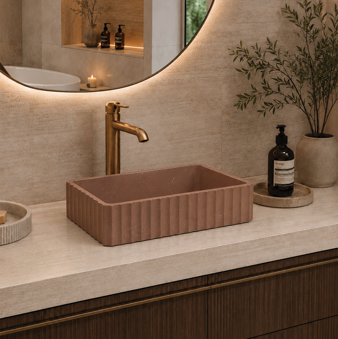 Elite Design Studio -  500x300x120mm Pietra Bianca - Briza Rectangular Above Counter Basin Concaved Edge Terracotta (Speckle)