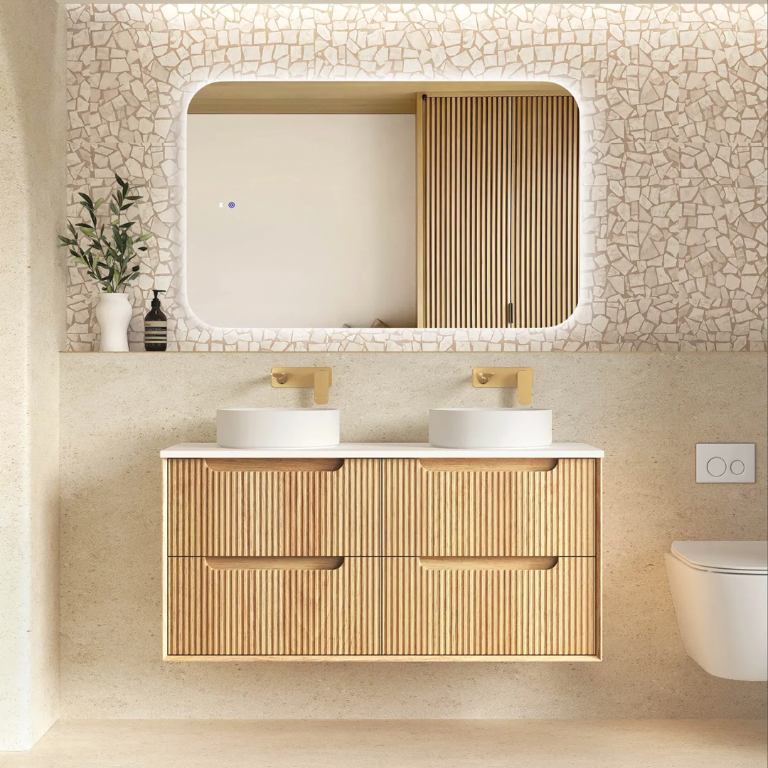 Otti - 1190wx550hx460d Byron Oak 1200mm Natural Oak Fluted Two Basins Wall Hung Vanity (Cabinet Only)