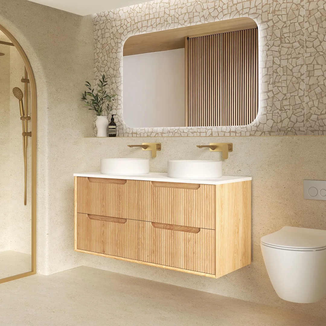 Otti - 1190wx550hx460d Byron Oak 1200mm Natural Oak Fluted Two Basins Wall Hung Vanity (Cabinet Only)
