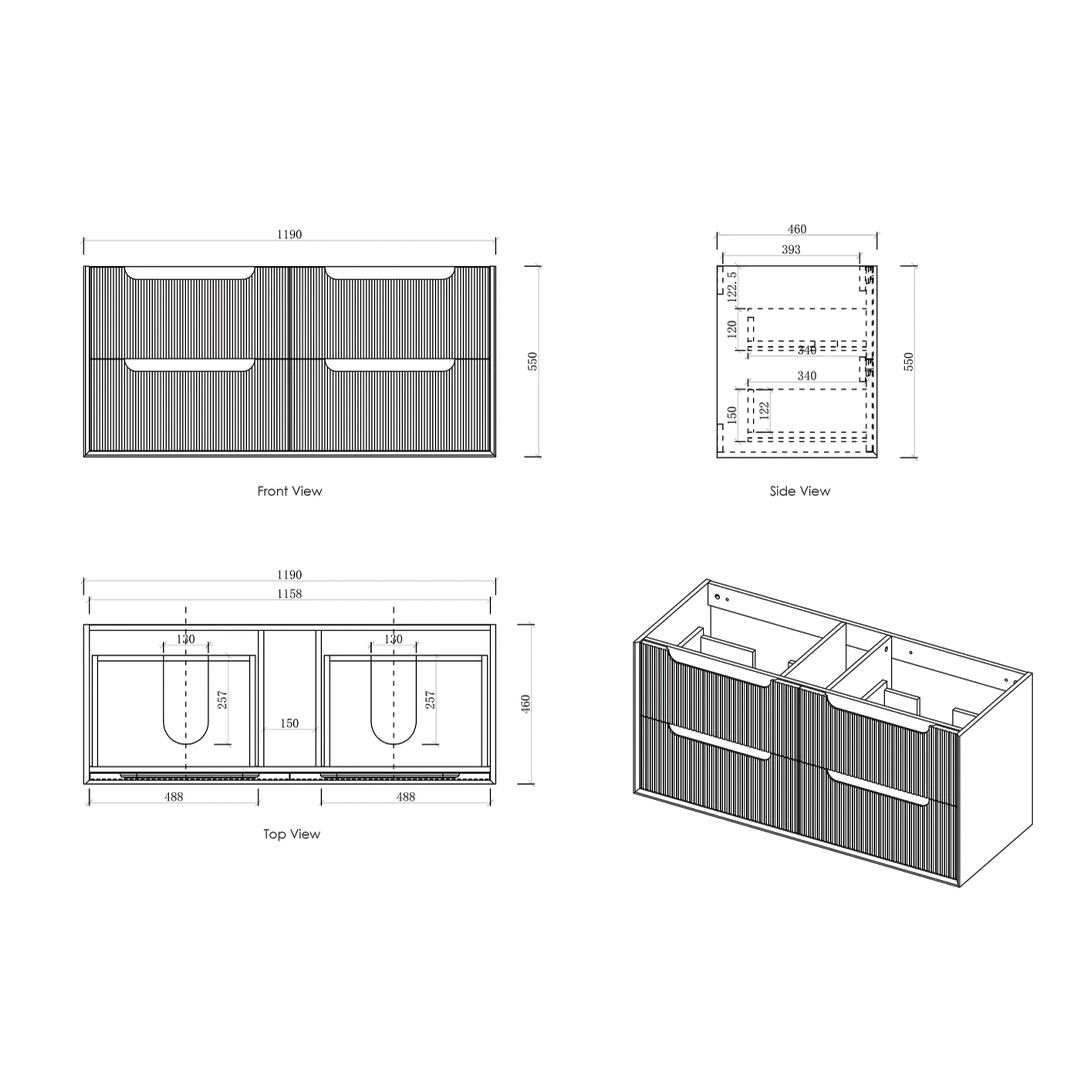 Otti - 1190wx550hx460d Byron Oak 1200mm Natural Oak Fluted Two Basins Wall Hung Vanity (Cabinet Only)