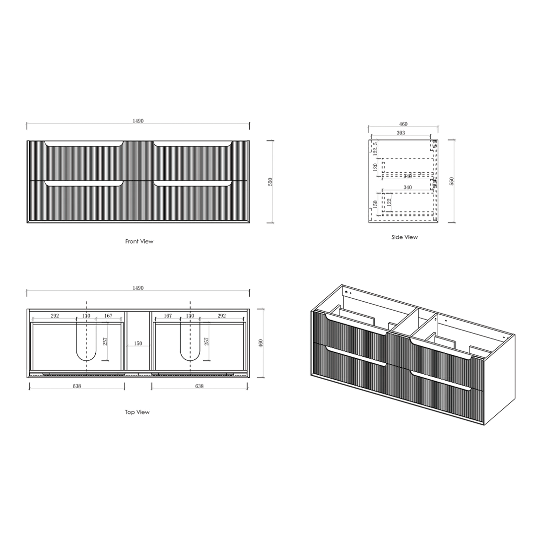 Otti - 1490wx550hx460d Byron Oak 1500mm Natural Oak Fluted Wall Hung Vanity (Cabinet Only)