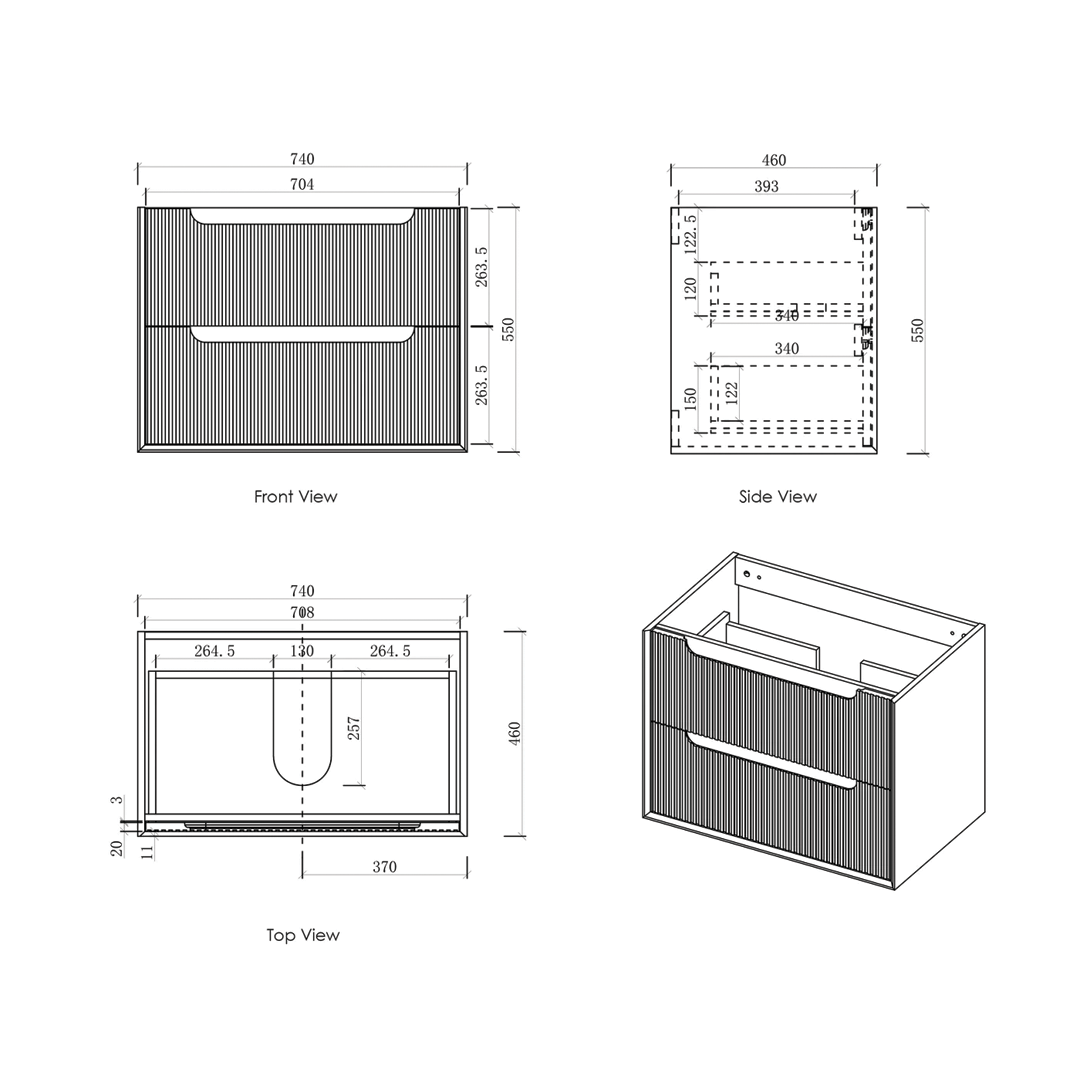Otti - 740wx550hx460d Byron Oak 750mm Natural Oak Fluted Wall Hung Vanity (Cabinet Only)