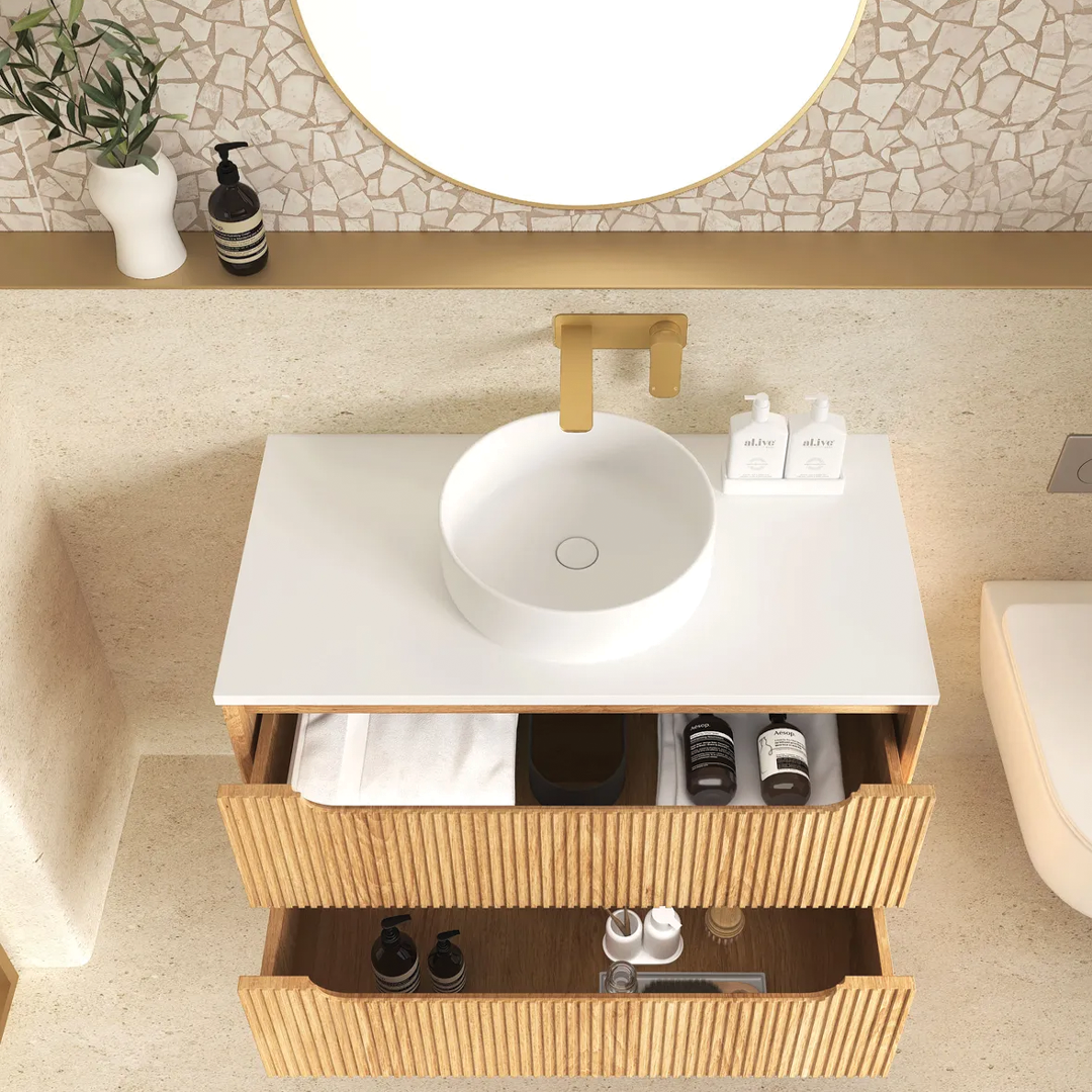 Otti - 890wx550hx460d Byron Oak 900mm Natural Oak Fluted Wall Hung Vanity (Cabinet Only)