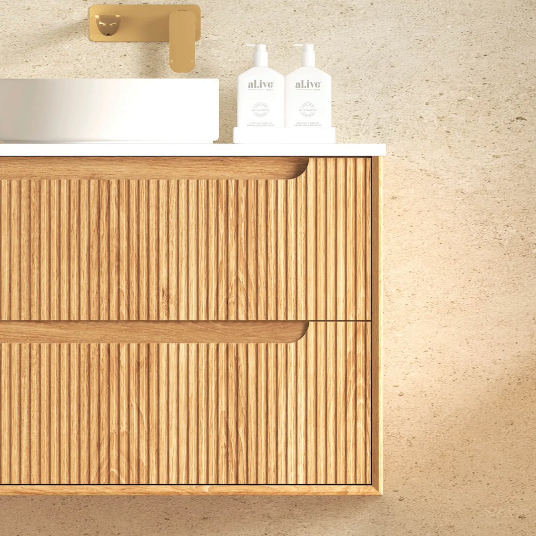 Otti - 890wx550hx460d Byron Oak 900mm Natural Oak Fluted Wall Hung Vanity (Cabinet Only)