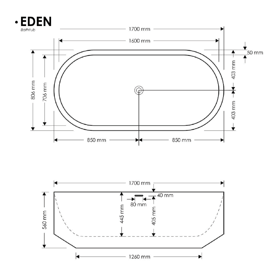 1800x810x560mm Madu Living - Eden Oval Bath Grey