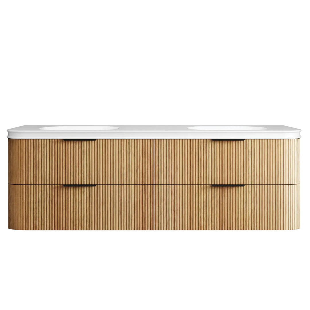 Otti - 1780wx550hx490d Havana 1800mm Woodland Oak Fluted Wall Hung Curve Vanity With 50mm English Edge Matte White with Square Basin Top