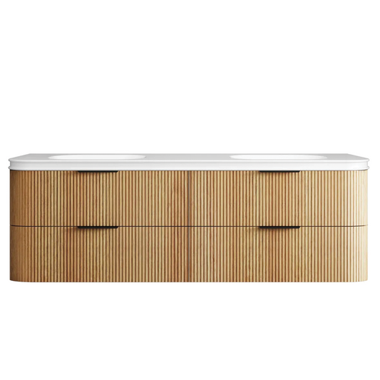Otti - 1780wx550hx490d Havana 1800mm Woodland Oak Fluted Wall Hung Curve Vanity With 50mm English Edge Matte White with Square Basin Top