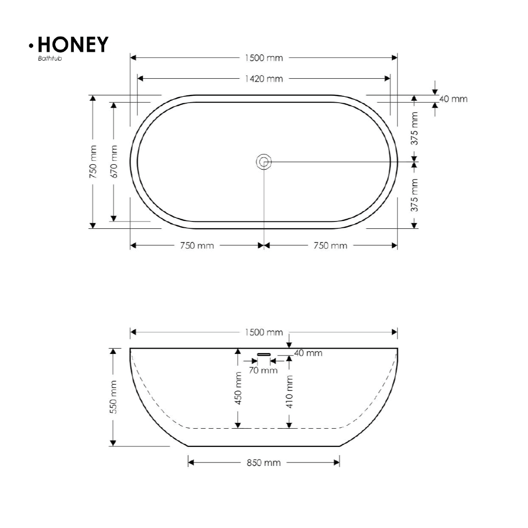 1500x750x550mm Madu Living - Honey Bath Grey