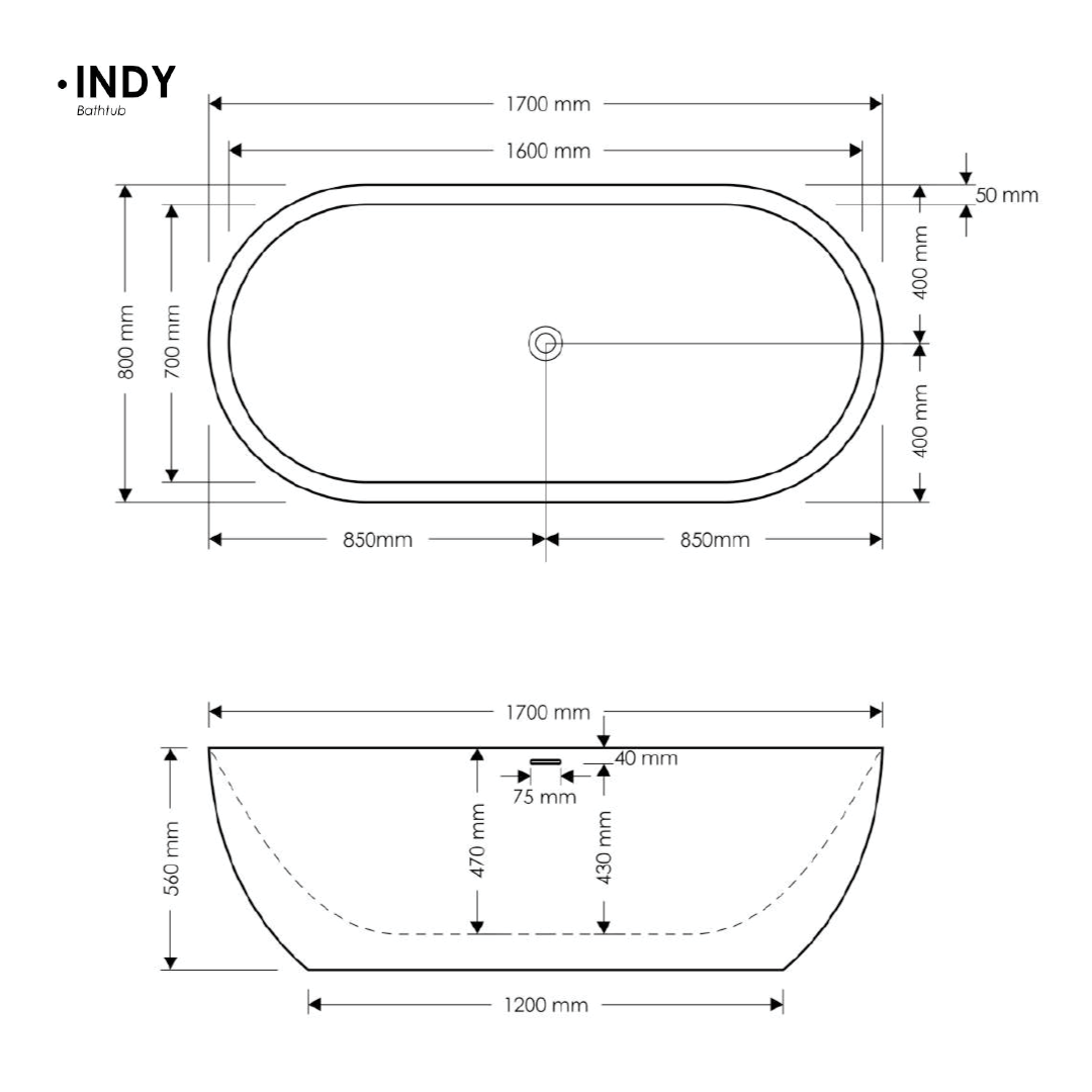 1700x800x560mm Madu Living - Indy Bath Grey