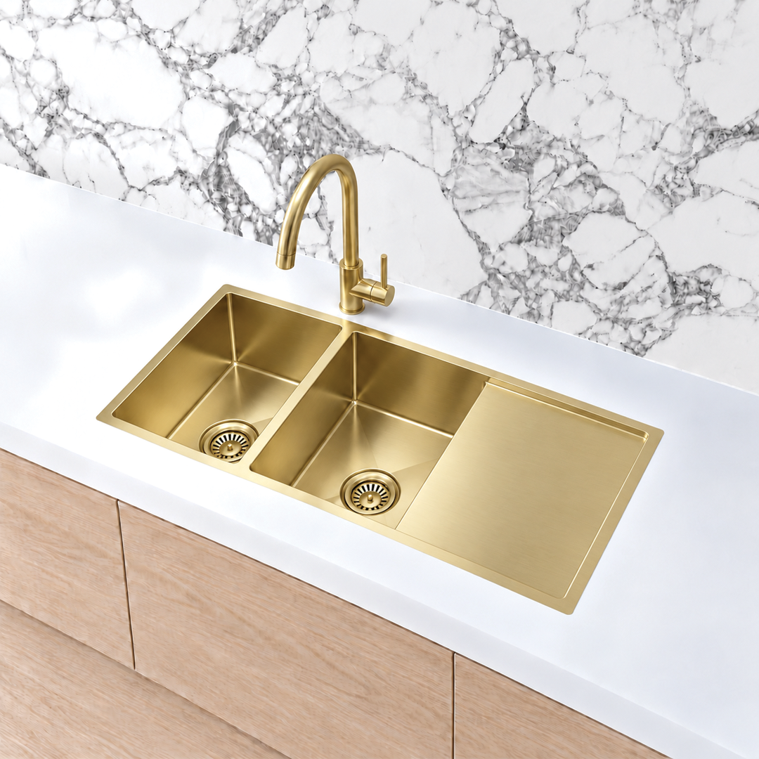 Elite Design Studio -  Meir Lavello Double Bowl Kitchen Sink with Drainboard 1160x440mm PVD Tiger Bronze