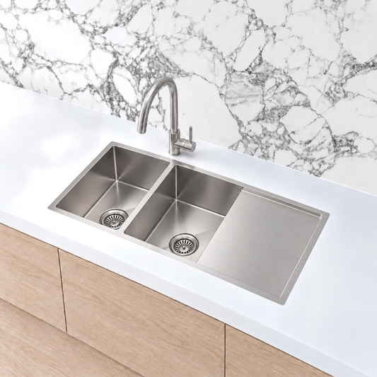 Elite Design Studio -  Meir Lavello Double Bowl Kitchen Sink with Drainboard 1160x440mm PVD Brushed Nickel