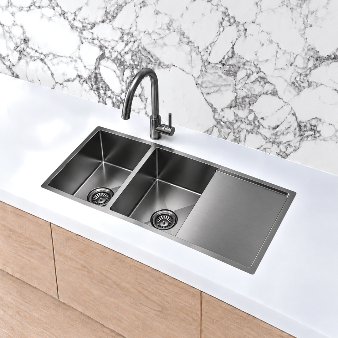 Elite Design Studio -  Meir Lavello Double Bowl Kitchen Sink with Drainboard 1160x440mm PVD Gunmetal Black