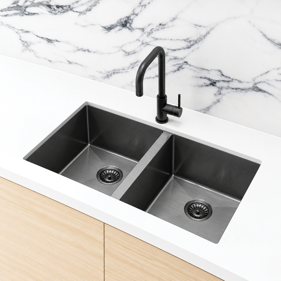 Elite Design Studio -  Meir Lavello Double Bowl Kitchen Sink 760x440mm Gunmetal Black
