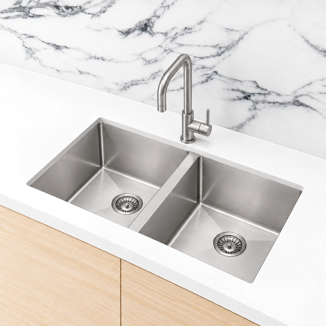 Elite Design Studio -  Meir Lavello Double Bowl Kitchen Sink 860x440 PVD Brushed Nickel