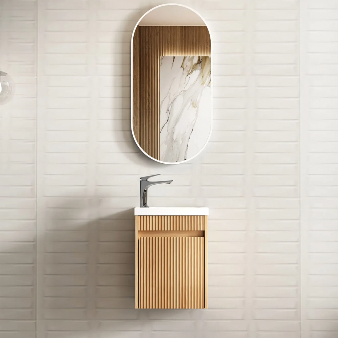 Otti - 390wx500hx250d Space Saver Vanity - Mini Ensuite Vanity Woodland Oak Fluted Vanity (with Basin)