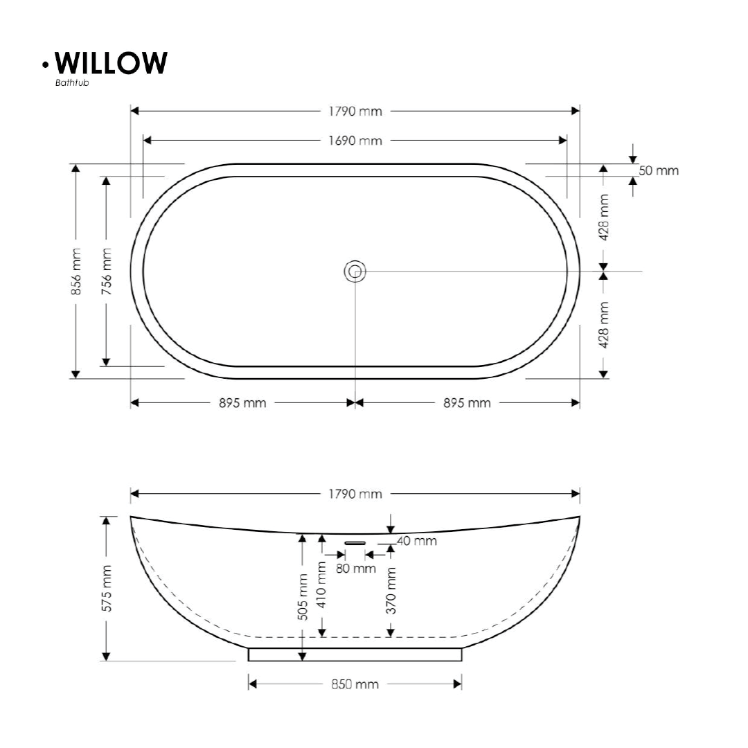 1790x856x575mm Madu Living - Willow Bath Grey