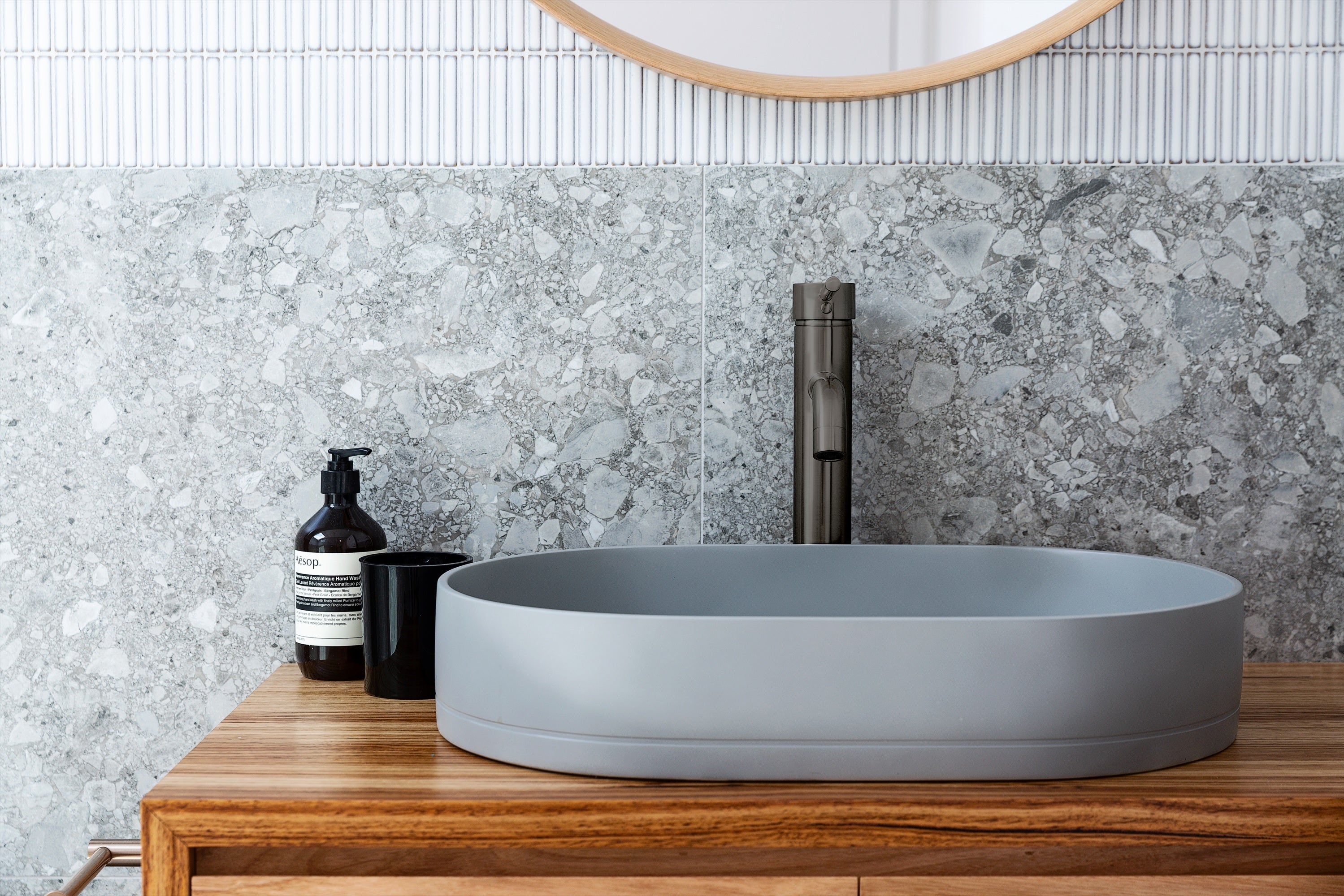 Meir Round Tall Curved Basin Mixer Shadow Gunmetal